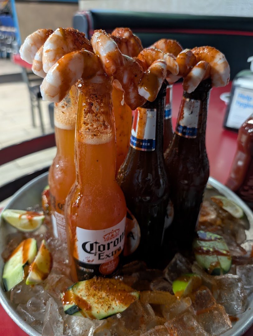 Seafood plates on a casual restaurant table.
