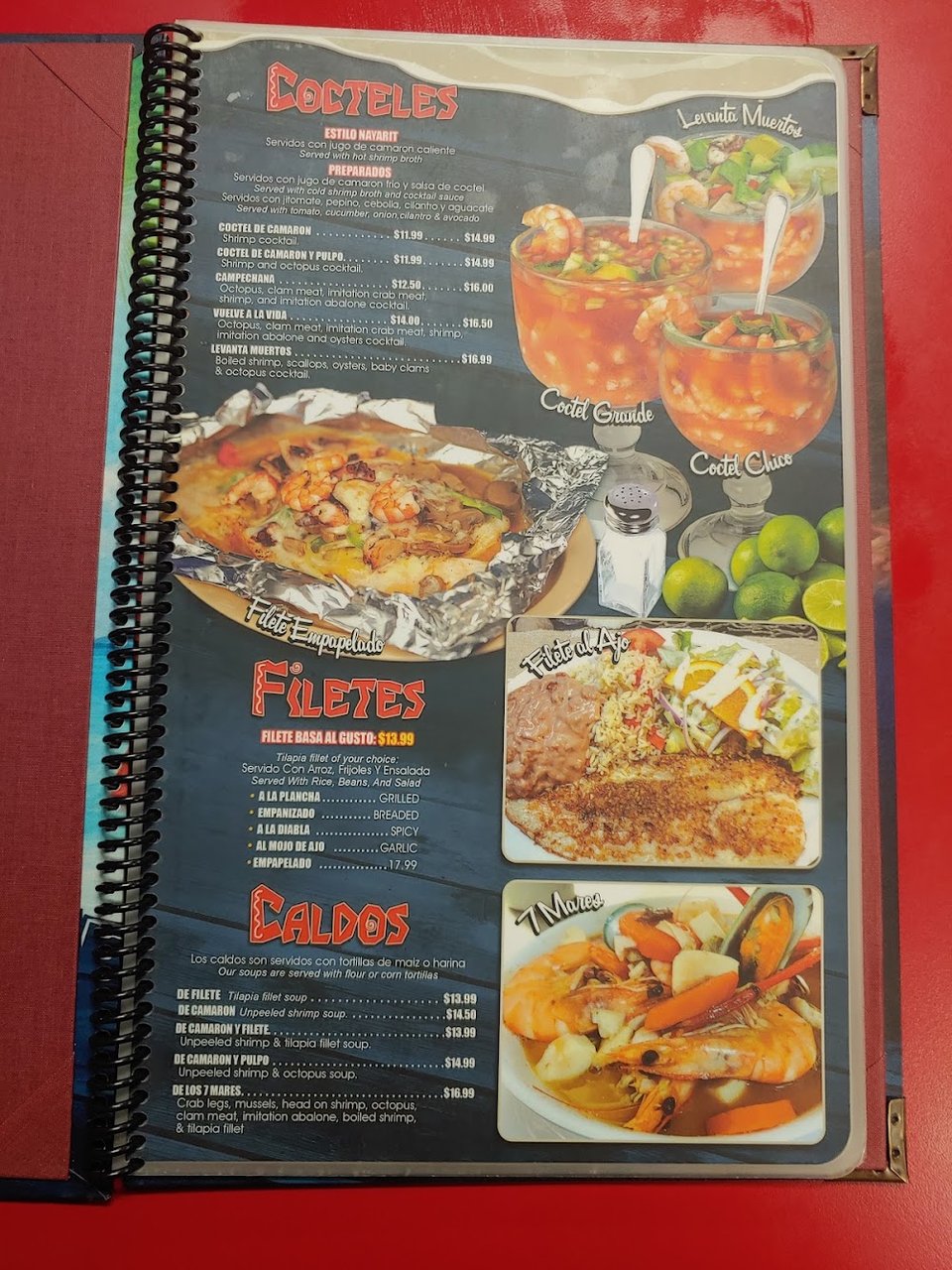 Printed menu with cocktails and sides.