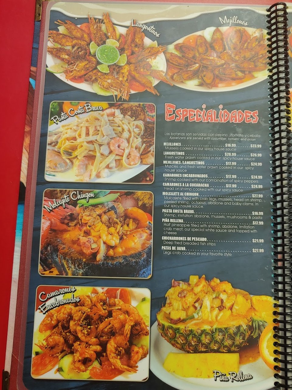 Menu page listing seafood and drinks.